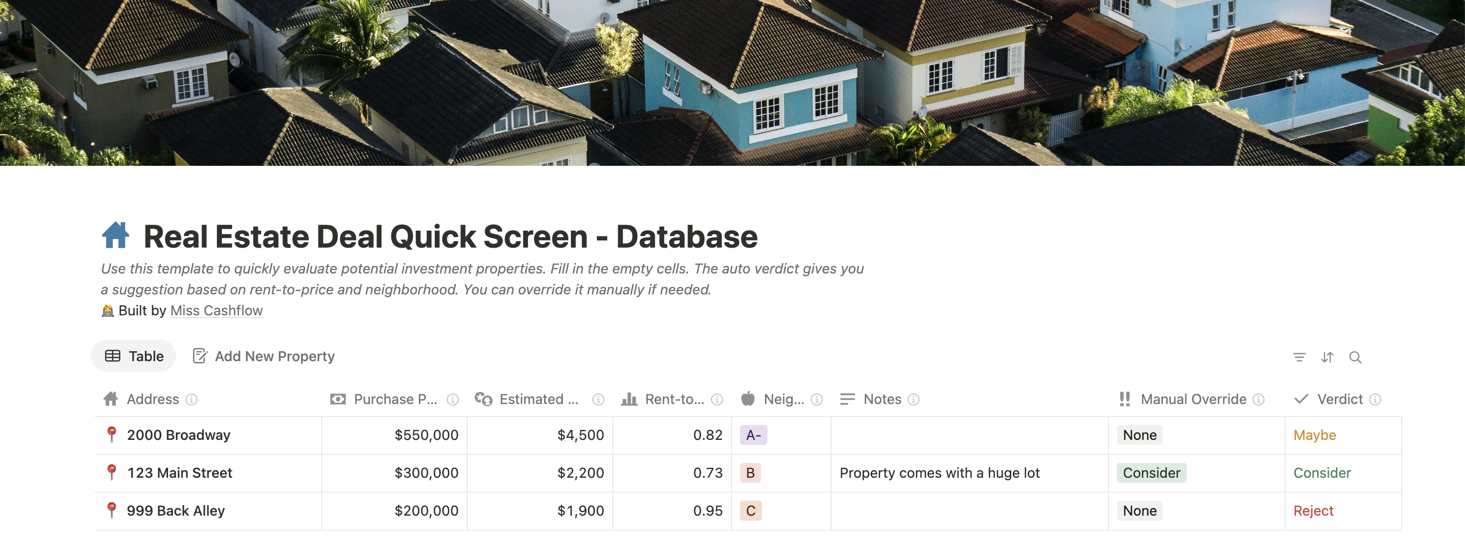 Screenshot of deal analyzer quick screen tool in Notion